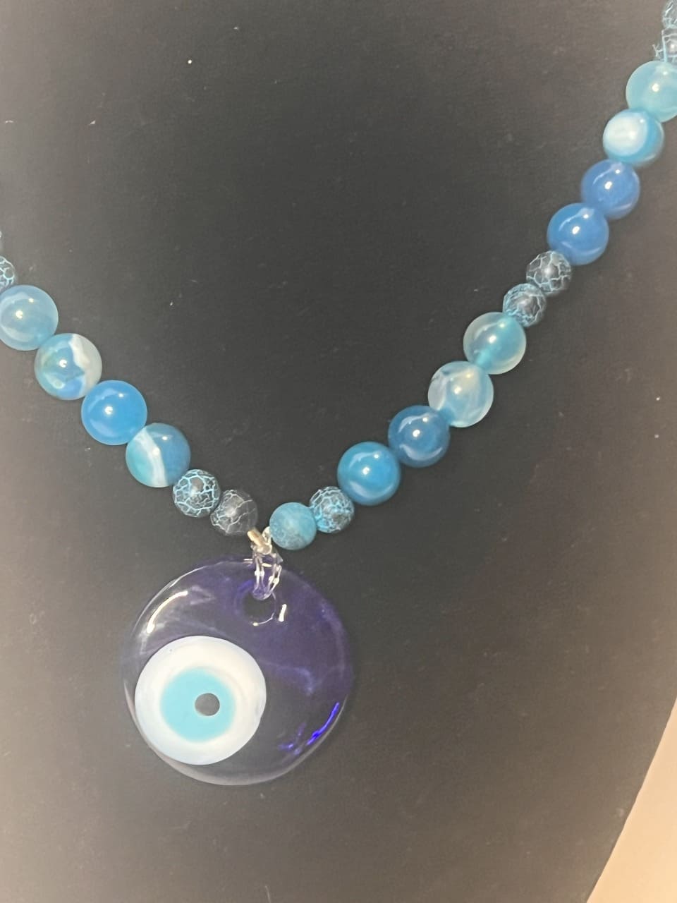 Blessed Evil Eye Necklace with Blue Agate Stone – Harmony & Emotional Healing
