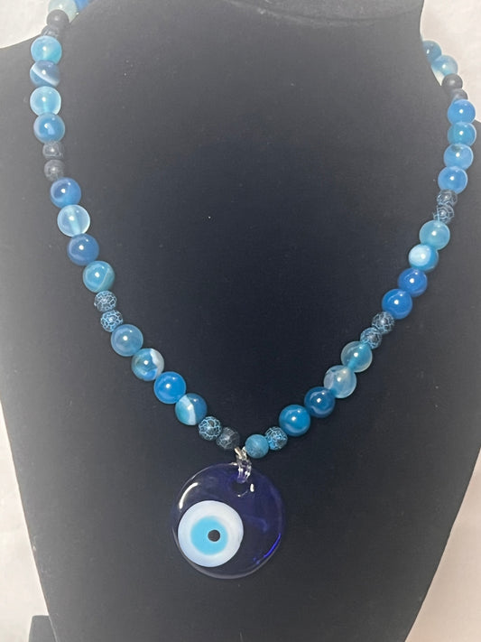 Blessed Evil Eye Necklace with Blue Agate Stone – Harmony & Emotional Healing