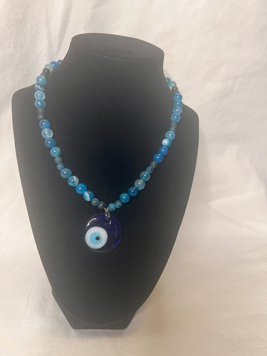 Blessed Evil Eye Necklace with Blue Agate Stone – Harmony & Emotional Healing